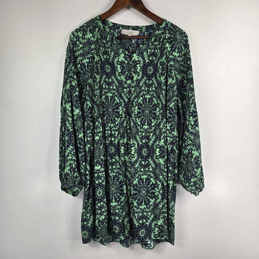 Loft Women's Size XS Green Blue Long Sleeve Accordion Dress NWT